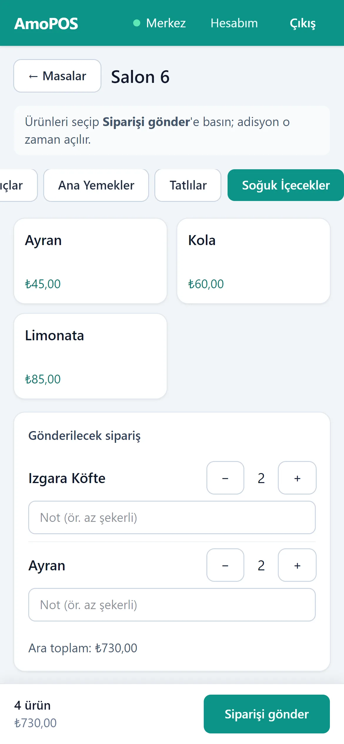 Garson telefonunda sipariş